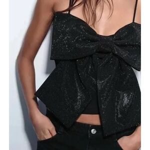 Zara Black Rhinestone Oversized Bow Crop Top Camisole Adjustable Straps Medium